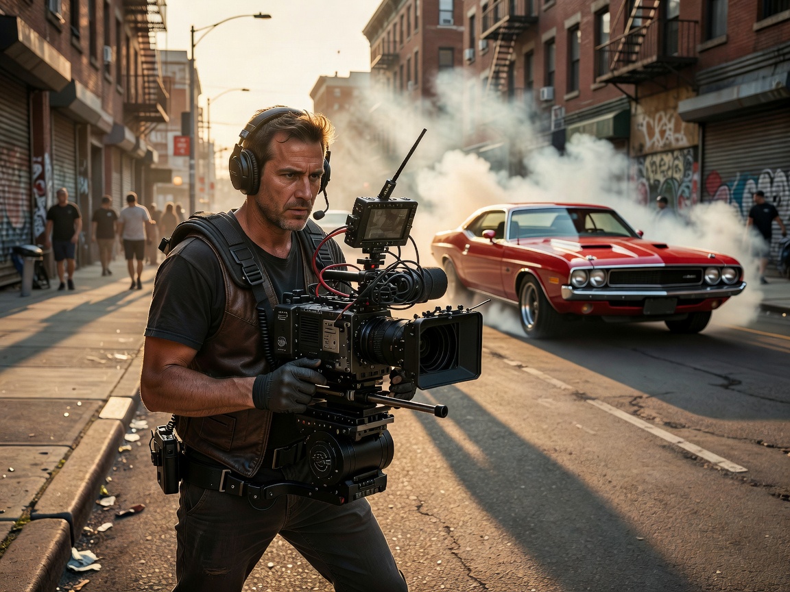 Filmmaker with professional video camera rig filming high-speed action sequence