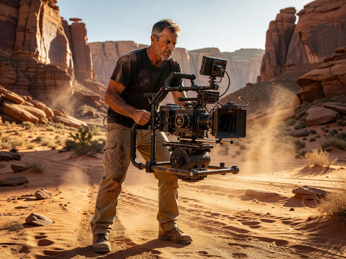 Filmmaking camera operator using professional stabilization cage rig on cinematic location