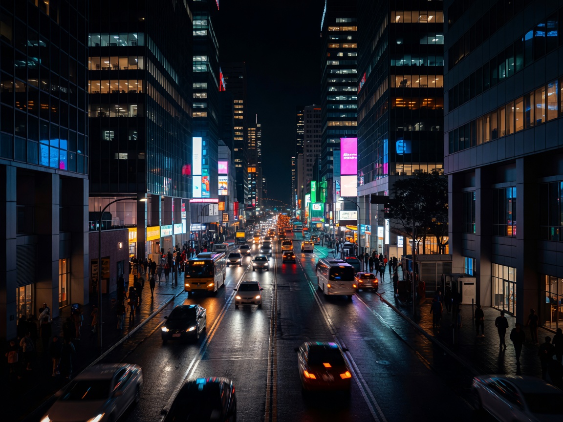 Vibrant illuminated night city street captured with high dynamic range and deep shadow contrast
